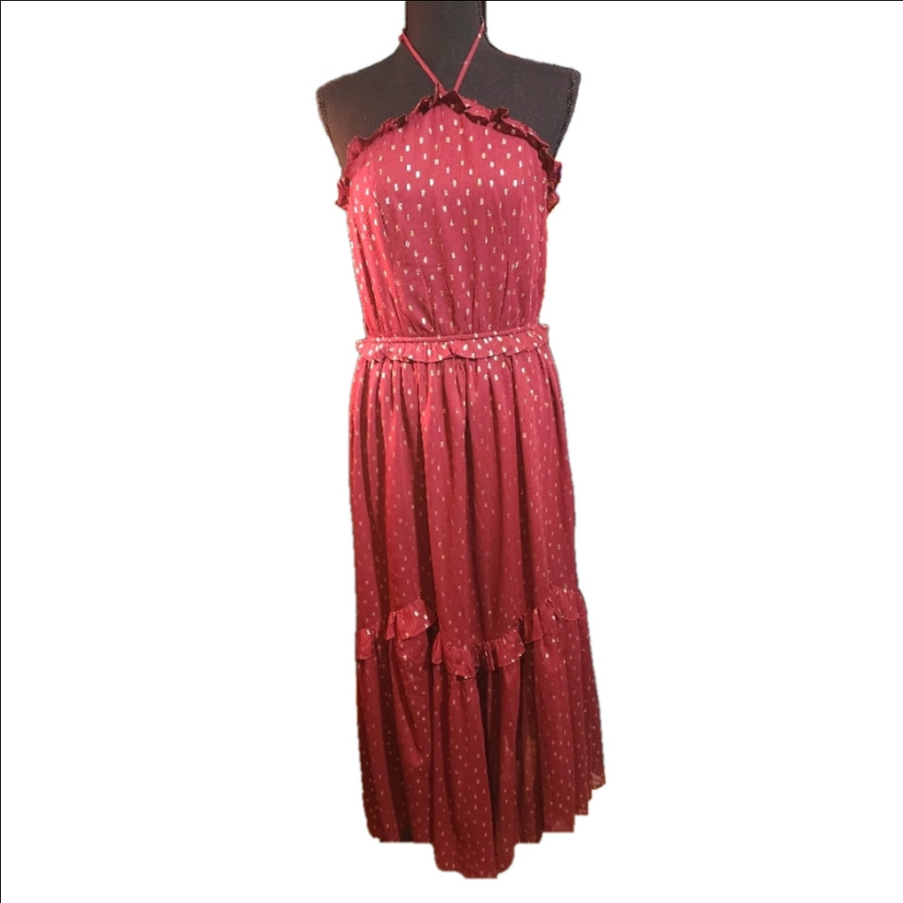 NWT ❤️ AEOM Burgundy and Gold Maxi Lined Halter Dress M